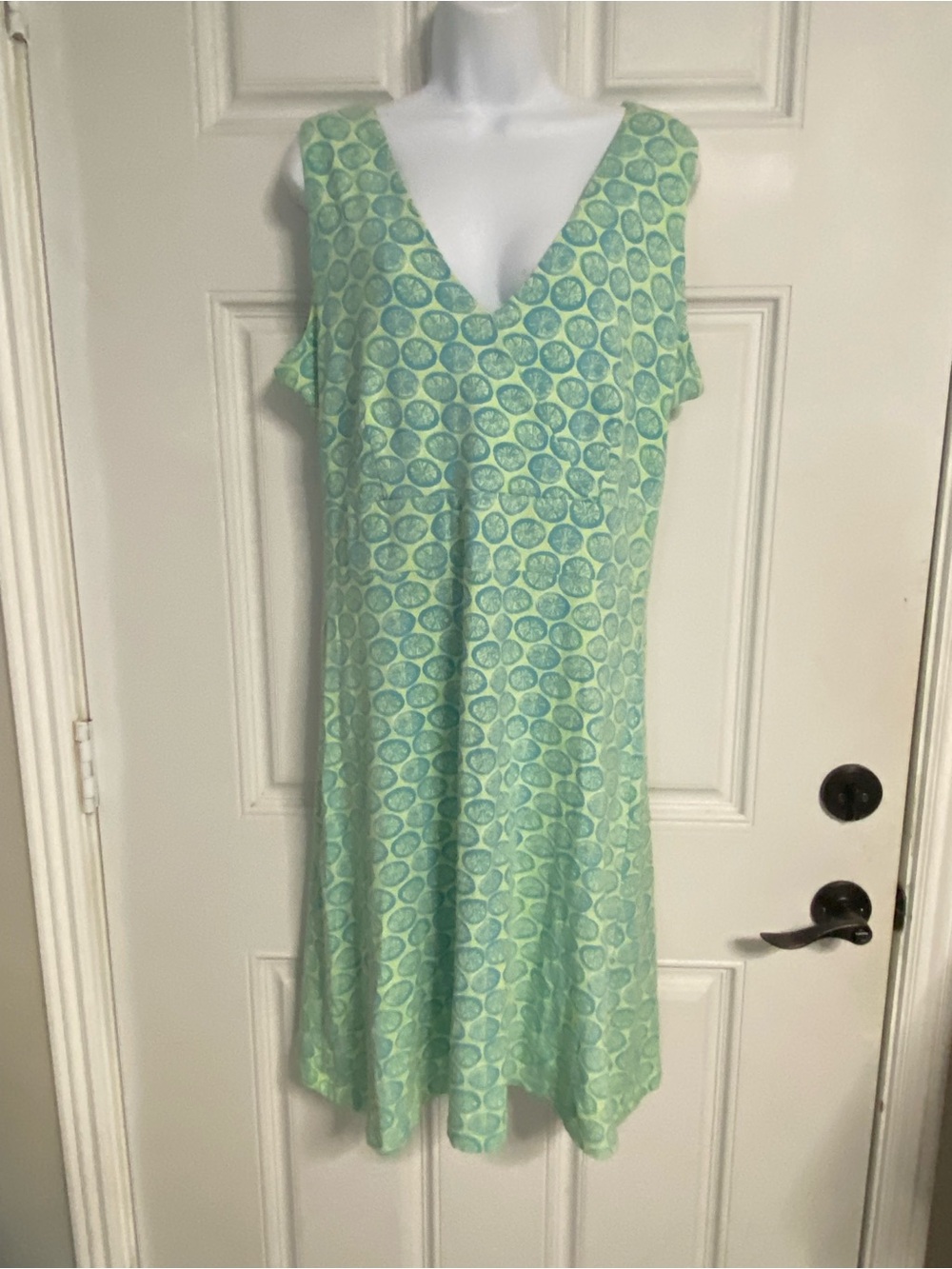 T42a- FRESH PRODUCE Green Novelty CITRUS SLICES Surplice Midi Dress